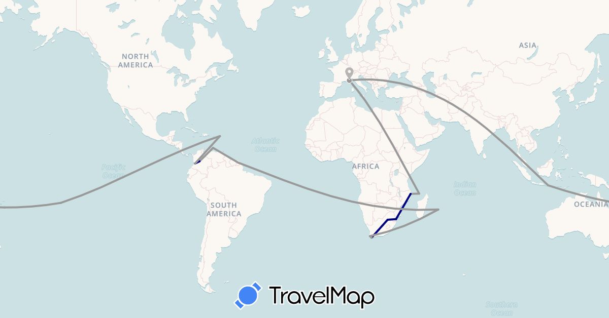TravelMap itinerary: driving, plane in Colombia, France, French Guiana, Indonesia, Mozambique, French Polynesia, Réunion, Venezuela, Mayotte, South Africa (Africa, Asia, Europe, Oceania, South America)